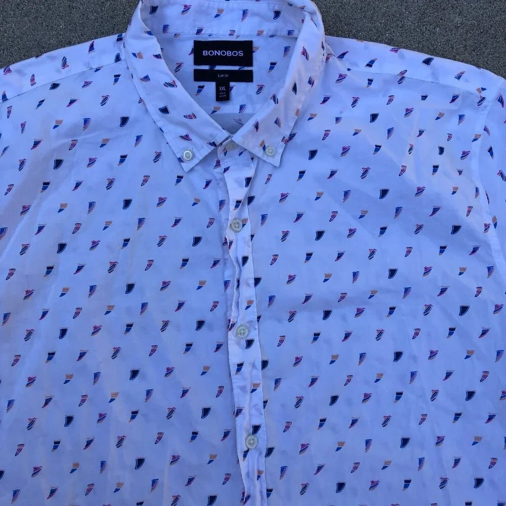 BONOBOS Slim Fit Button Down Shirt 2XL Men's Short Sleeve Sailing Nautical White